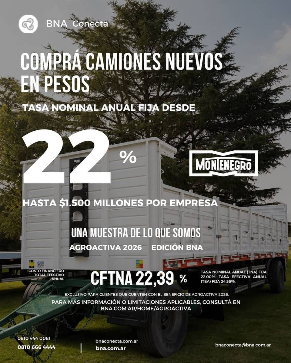 BNA Conecta – Comprá camiones nuevos en pesos con tasa 22% TNA Montenegro AgroActiva 2026